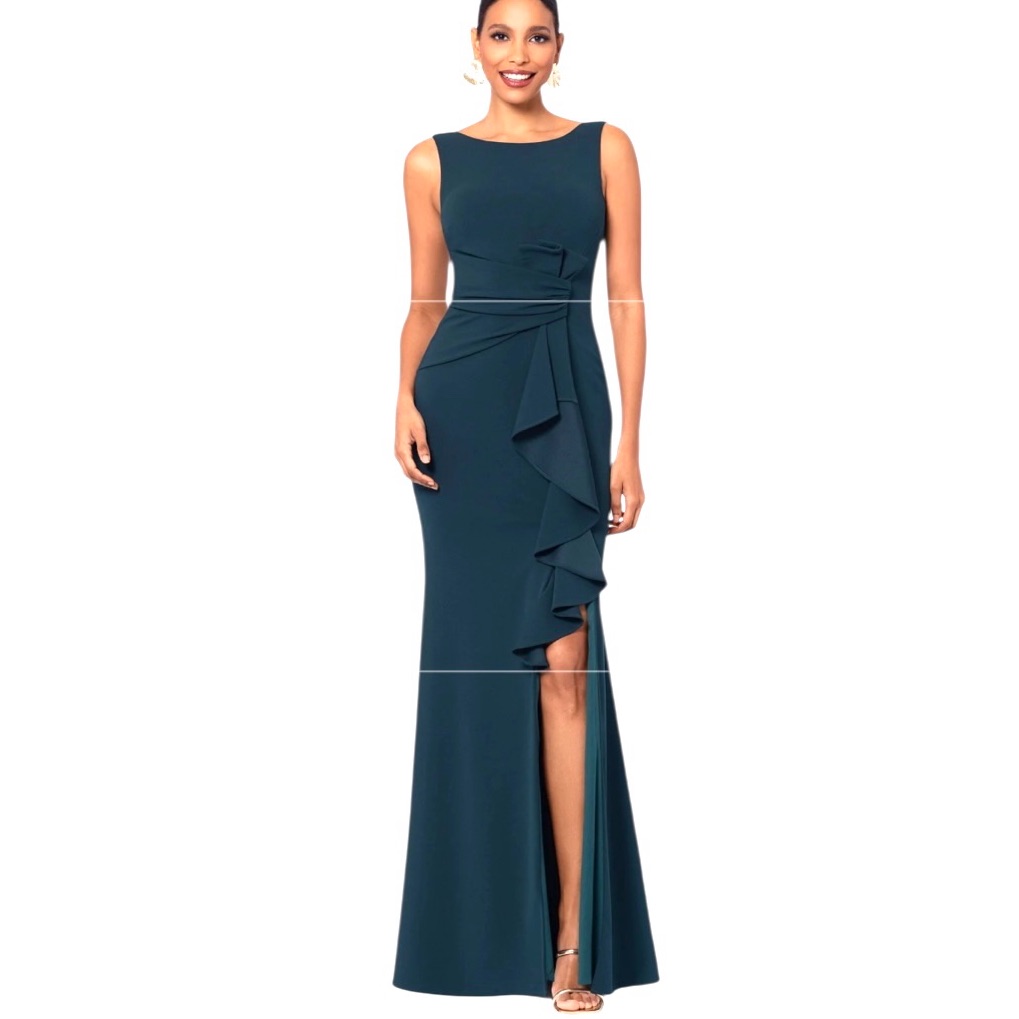 New Betsy & Adam Christine Scuba Crepe Ruffled Bow Gown Pine Sleeveless Size 8